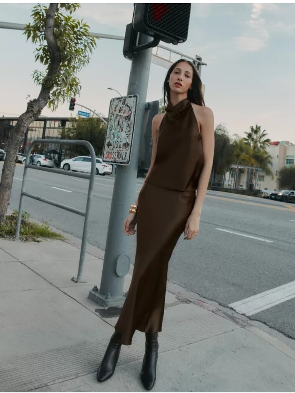 Zara Brown Satin Midi Skirt